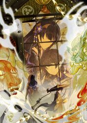 1boy 1girl absurdres aqua_mask arm_at_side armor back-to-back black_bodysuit black_bridal_gauntlets black_hair black_kimono black_shorts black_sleeves blunt_bangs bodysuit bridal_gauntlets chinese_commentary commentary_request electro_symbol_(genshin_impact) faceless faceless_female faceless_male fan_hair_ornament flower furisode genshin_impact gnosis_(genshin_impact) gold grey_trim hagoromo hair_flower hair_ornament hand_up hat highres holding holding_flower japanese_armor japanese_clothes jewelry jingasa juban kariginu kimono kote kurokote lantern long_hair low-braided_long_hair low-tied_long_hair mitsudomoe_(shape) momogourami mother_and_son multicolored_hair neck_ring obi open_hand paper_lantern purple_flower purple_hair purple_kimono purple_rope raiden_shogun red_hat red_kimono red_mask rope sash scaramouche_(genshin_impact) shawl shimenawa short_sleeves shorts single_sidelock single_sode streaked_hair string swept_bangs tassel tomoe_(symbol) turtleneck turtleneck_bodysuit white_kimono white_rope window wispy_bangs yellow_flower