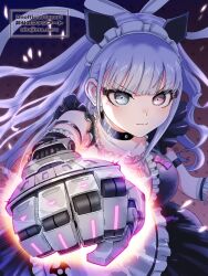 1girl akiba_hinagiku apron black_choker black_dress choker determined dress earrings glowing gradient_background grey_eyes grey_hair hajima_teru heterochromia highres jewelry long_hair maid maid_apron maid_headdress pink_eyes power_fist solo tribe_nine twitter_username v-shaped_eyebrows