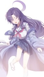Rule 34 | 1girl, ^ ^, absurdres, bare legs, blue archive, blue skirt, blush, closed eyes, commentary, eyeshadow, flower, hair flower, hair ornament, halo, haori, highres, japanese clothes, long hair, makeup, miniskirt, neckerchief, pleated skirt, purple eyes, purple hair, red eyeshadow, red neckerchief, sandals, school uniform, serafuku, shirt, simple background, skirt, smile, socks, solo, standing, standing on one leg, tabi, very long hair, white background, white shirt, white socks, xianyusixu, yukari (blue archive), zouri