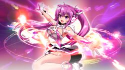 Rule 34 | 1girl, armpits, bare shoulders, beatmania iidx, beatmania iidx infinitas, bemani, breasts, cleavage, goli matsumoto, hair between eyes, headphones, long hair, medium breasts, mizushiro celica, non-web source, official art, open hands, outstretched arms, pink eyes, pink hair, skirt, smile, solo, teeth, twintails, upper teeth only