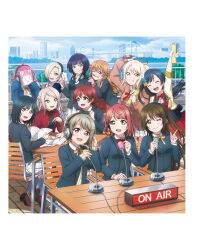 6+girls ahoge artbook asaka_karin black_hair blonde_hair blue_eyes book bow braid brown_hair cardigan emma_verde green_hair grey_eyes grey_hair grin hair_bun hair_ornament headphones highres jacket konoe_kanata long_hair long_sleeves looking_at_viewer love_live! love_live!_nijigasaki_high_school_idol_club mia_taylor microphone mifune_shioriko miyashita_ai mole multiple_girls nakasu_kasumi nijigasaki_school_uniform non-web_source official_art one_eye_closed one_side_up open_mouth orange_eyes orange_hair osaka_shizuku pink_eyes pink_hair ponytail purple_eyes purple_hair red_bow red_eyes ribbon rina-chan_board school_uniform short_hair sidelocks single_side_bun sitting skirt sky smile tennoji_rina twin_braids twintails uehara_ayumu winter_uniform yellow_eyes yuki_setsuna zhong_lanzhu