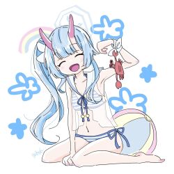 1girl ^_^ ball barefoot beachball bikini blue_archive blue_hair blush chise_(blue_archive) chise_(swimsuit)_(blue_archive) closed_eyes crab facing_viewer flower_symbol highres horns long_hair mdnsxxxx open_mouth rainbow sailor_collar side_ponytail signature simple_background sitting solo striped_bikini striped_clothes swimsuit very_long_hair white_background white_sailor_collar