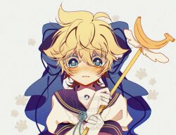 1boy alternate_costume banana black_sailor_collar blonde_hair blue_eyes blue_ribbon blush commentary eyes_visible_through_hair film_grain food fruit gloves grey_background hair_between_eyes hair_ribbon highres kagamine_len magical_boy male_focus mattari_haruto messy_hair necktie open_mouth paw_print ribbon sailor_collar shirt solo surprised vocaloid wand watermark white_gloves white_shirt wings yellow_necktie