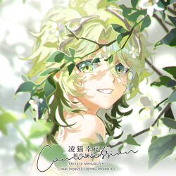 Rule 34 | 1boy, blurry, branch, commentary, commission, curtained hair, dappled sunlight, depth of field, english commentary, flower, from side, green eyes, green hair, green theme, grin, hair between eyes, hair flower, hair ornament, light particles, lingcat, looking to the side, medium hair, portrait, ri yue tao san huan (the tale of food), smile, solo, sunlight, the tale of food, topless male, white flower