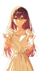 Rule 34 | 1girl, absurdres, black eyes, black hair, collarbone, double-parted bangs, dress, hair between eyes, highres, kisany, long hair, mari (faraway) (omori), mari (omori), omori, short sleeves, simple background, solo, upper body, white background, white dress