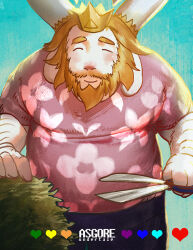 1boy alternate_costume arm_hair asgore_dreemurr blonde_hair blue_pants blue_sky bush character_name commentary_request copyright_name cowboy_shot crown day facial_hair fat fat_man fingernails floral_print furry furry_male gardening_shears goat_boy goat_horns gold_crown happy hawaiian_shirt heart holding holding_scissors horizontal_pupils horns large_horns light_blush mature_male mustache nostrils outdoors outline pants pink_shirt quirrel_(gharnedanshyo) scissors shirt short_hair short_sleeves sky solo thick_eyebrows undertale white_horns yellow_outline
