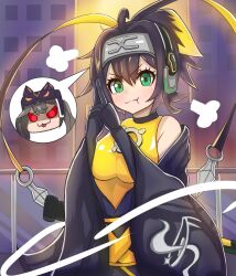 2girls :3 ahoge angry black_hair blush breasts duel_monster evil_smile green_eyes headgear headphones highres i:p_masquerena jay_b_098 kunai medium_breasts multiple_girls ninja ponytail pout puffy_cheeks red_eyes s-force_rappa_chiyomaru shirt smile speech_bubble twintails upper_body weapon yellow_shirt yu-gi-oh!
