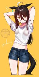 Rule 34 | 1girl, absurdres, ahoge, animal ears, arlcn (arlcn 1115), arm behind head, arms up, artist name, black hair, blue shorts, breasts, clothes lift, crossed bangs, denim, denim shorts, ear tag, earrings, english text, engrish text, flying sweatdrops, hair between eyes, highres, horse ears, horse girl, horse tail, jewelry, long bangs, long hair, long hair between eyes, manhattan cafe (umamusume), multicolored hair, navel, parted lips, ranguage, see-through clothes, see-through shirt, shirt, shirt lift, short shorts, short sleeves, shorts, signature, simple background, single earring, small breasts, solo, t-shirt, tail, umamusume, very long hair, white hair, white shirt, yellow background, yellow eyes