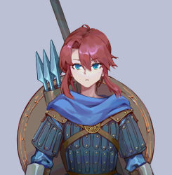 1girl armor axe beard blue_eyes blue_scarf facial_hair gauntlets gongxiao_zao grey_background long_hair mount_&amp;_blade multiple_boys open_mouth polearm red_hair scarf shield simple_background solo spear viking warrior weapon