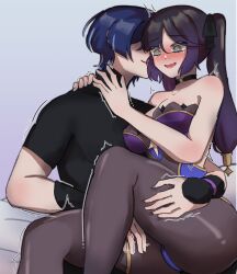 1boy 1girl @_@ aqua_eyes armor bare_shoulders black_bodysuit black_bow black_choker black_hair black_pantyhose black_sleeves blue_leotard blunt_bangs blunt_ends blush bodystocking bodysuit bow breasts choker cleavage collarbone couple covered_erect_nipples facing_another genshin_impact gold gold_trim grey_background hair_between_eyes hair_bow hand_on_another&#039;s_thigh heads_together hetero highres japanese_armor jewelry kote koviiy kurokote leaning_on_person leotard lipgloss long_hair looking_down medium_breasts mona_(genshin_impact) open_mouth pantyhose parted_bangs ponytail_holder purple_hair purple_leotard scaramouche_(genshin_impact) shaded_face short_sleeves sitting smirk star_(symbol) star_choker strapless strapless_leotard thick_thighs thigh_grab thighlet thighs toned toned_male turtleneck turtleneck_bodysuit twintails twitching wavy_mouth