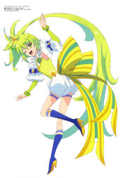 Rule 34 | 1girl, ;d, absurdres, arm up, copyright name, copyright notice, gotan takayuki, green eyes, green hair, highres, ichijou nagase, long hair, looking at viewer, magazine scan, megami magazine, official art, one eye closed, open mouth, princession orchestra, scan, simple background, smile, solo, standing, standing on one leg, teeth, upper teeth only, very long hair, white background