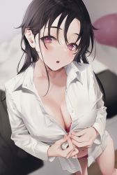 1girl black_hair blouse bra breasts buttons cleavage highres long_hair long_sleeves mole mole_on_breast mugika navel no_pants open_clothes open_shirt original panties parted_lips shirt solo underwear
