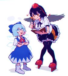 Rule 34 | 2girls, bird wings, black hair, black ribbon, black skirt, black thighhighs, black wings, blue bow, blue dress, blue eyes, blue hair, bow, bright pupils, calligraphy brush, cirno, collared shirt, dress, frilled skirt, frills, full body, geta, hair between eyes, hair bow, hat, height difference, holding, holding brush, holding notebook, ice, ice wings, iganashi1, kneehighs, knees together feet apart, leaf print, leaning forward, long dress, looking at another, looking down, looking up, multiple girls, neck ribbon, notebook, open mouth, paintbrush, pinafore dress, puffy short sleeves, puffy sleeves, raised eyebrow, red eyes, red ribbon, red shoes, ribbon, shadow, shameimaru aya, shirt, shoes, short hair, short sleeves, simple background, skirt, sleeveless, sleeveless dress, smile, socks, speech bubble, tengu-geta, thighhighs, tokin hat, touhou, white background, white pupils, white shirt, wings, writing