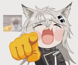 1girl animal_ears arknights black_jacket blush_stickers chibi closed_eyes emoji grey_hair hair_between_eyes hair_ornament hairclip jacket lappland_(arknights) laughing laughing_cat_pointing_at_you_(meme) long_hair long_sleeves meme mirinkoronba2 no_nose open_mouth photo_inset pointing pointing_at_viewer scar scar_across_eye scar_on_face simple_background solo upper_body white_background wide_mouth wolf_ears wolf_girl