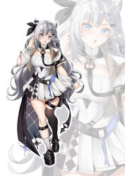 Rule 34 | 1girl, black bow, black thighhighs, bow, grey eyes, grey hair, hair bow, haryu, hololive, hololive indonesia, jacket, long hair, looking at viewer, shirt, single thighhigh, skirt, solo, thigh strap, thighhighs, very long hair, vestia zeta, vestia zeta (1st costume), virtual youtuber, white jacket, white shirt, white skirt, zoom layer