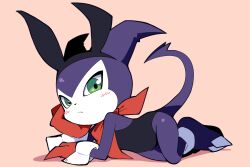 Rule 34 | animal ears, black leotard, blush, demon, digimon, digimon (creature), fang, full body, green eyes, impmon, leotard, looking at viewer, pink background, playboy bunny, rabbit ears, simple background, strapless, strapless leotard, yuzuaccident