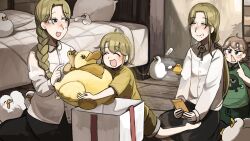 4girls :d baby_animal bed bird black_skirt blonde_hair blue_eyes braid brown_eyes brown_hair chicken clumsy_nun_(diva) commentary diva_(hyxpk) duck duckling english_commentary feathers froggy_nun_(diva) gift green_shirt highres little_nuns_(diva) long_hair mole mole_on_cheek mole_under_mouth multiple_girls open_mouth pointing pointing_at_self shirt short_hair shorts single_braid skirt smile strict_nun&#039;s_mother_(diva) strict_nun_(diva) stuffed_animal stuffed_duck stuffed_toy triangle_mouth white_shirt yellow_shirt yellow_shorts