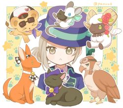 1girl :&lt; animalization bird black_cat blue_bow boater_hat border bow cat coat dog druvis_iii eagle grey_eyes grey_hair greyhound hair_bun hat hat_bow lilya_(reverse:1999) lion_cub looking_at_viewer mouse_(animal) outside_border panri paw_print paw_print_background purple_coat purple_hat regulus_(reverse:1999) reverse:1999 sheep single_side_bun solo sonetto_(reverse:1999) sotheby star_(symbol) upper_body vertin_(reverse:1999) white_border x_(reverse:1999) yellow_background