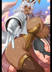 1girl 2025 absurdres alecto_0 animal_ear_fluff animal_ears beckoning blue_sky blush bouncing_breasts breasts brown_thighhighs cleavage cloud cloudy_sky coat commentary commission covered_navel dark-skinned_female dark_skin english_commentary fangs fangs_out feet_out_of_frame female_focus floating_hair foreshortening fox_ears fox_tail gloves green_eyes hair_between_eyes hair_over_shoulder half-closed_eyes highres huge_breasts lace_trim leg_up leotard lips long_hair long_sleeves looking_at_viewer naughty_face nose_blush open_mouth original outdoors puffy_long_sleeves puffy_sleeves skindentation sky solo standing standing_on_one_leg straight_hair sunset sweat tail thick_thighs thighhighs thighs twilight v white_coat white_gloves white_hair yellow_leotard