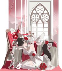 1girl absurdres animal_ear_fluff animal_ears arisaka bare_shoulders bird black_hair blue_archive bolt_action bow bridal_veil bride colored_inner_hair double-parted_bangs dress elbow_gloves fingerless_gloves flower fox_ears fox_girl fox_tail garter_straps gloves gun hair_flower hair_ornament highres long_hair looking_at_viewer multicolored_hair red_flower red_rose rifle rose sidelocks sitting solo tail tail_bow tail_flower tail_ornament thighhighs two-tone_hair vam_(js_vam) veil wakamo_(blue_archive) wariza weapon wedding_dress white_bow white_dress white_garter_straps white_gloves white_thighhighs yellow_eyes