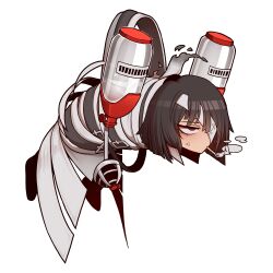 Rule 34 | 1girl, absurdres, anger vein, black hair, black pants, bob cut, bound, highres, limbus company, misg1111, pants, project moon, red eyes, ryoshu (project moon), short hair, simple background, smoke, smoking, solo, straitjacket, thoracalgia (e.g.o), tied up (nonsexual), white background