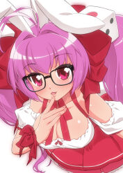 1girl blush breasts cleavage commentary_request commission di_gi_charat dice_hair_ornament dress finger_to_mouth glasses hair_ornament large_breasts long_hair looking_at_viewer parted_lips purple_hair red_eyes ribbon senzoc skeb_commission solo twintails usada_hikaru wrist_ribbon