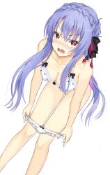 1girl bare_arms bare_legs bare_shoulders bent_over black_bow blue_hair blush bow bow_bra bra braid breasts bright_pupils cleavage collarbone colored_eyelashes commentary covered_erect_nipples crown_braid dutch_angle embarrassed eyelashes eyes_visible_through_hair fang feet_out_of_frame frilled_panties frills hair_between_eyes hair_bow hair_ribbon highres lace lace-trimmed_bra lace_trim large_breasts long_hair looking_at_viewer mochimugi_rice nose_blush open_mouth panties panty_pull pulling_own_clothes red_eyes red_ribbon ribbon sidelocks simple_background skin_fang solo sorakado_ao standing straight_hair summer_pockets sweatdrop underwear underwear_only undressing upturned_eyes v-shaped_eyebrows very_long_hair wavy_mouth white_background white_bra white_panties white_pupils