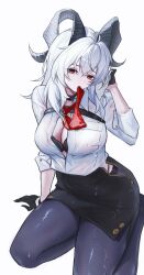 Rule 34 | 1girl, adapted costume, black bra, black gloves, black horns, black pantyhose, black skirt, bra, breasts, chest harness, cleavage, curled horns, gloves, grey hair, hair between eyes, hand up, harness, highres, horns, large breasts, long hair, looking at viewer, manche5ter, missing commentary, mouth hold, necktie, open clothes, open shirt, pantyhose, partially unzipped, red eyes, red necktie, shirt, simple background, skirt, solo, underwear, white background, white shirt, wuthering waves, zani (wuthering waves)