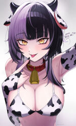 1girl absurdres animal_ears animal_print bell bikini black_hair black_nails breasts cleavage cow_ears cow_horns cow_print cow_print_bikini cow_print_gloves cowbell duplicate elbow_gloves english_text fake_animal_ears fake_horns fingerless_gloves gloves grey_hair hair_ornament highres hololive hololive_english horns large_breasts long_hair looking_at_viewer migokami multicolored_hair print_bikini print_gloves shiori_novella simple_background smile solo split-color_hair swimsuit tongue tongue_out two-tone_hair virtual_youtuber white_background yellow_eyes