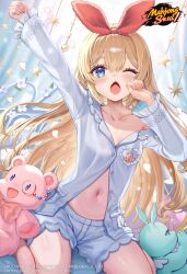 1girl :d absurdres akabane_(zebrasmise) arm_up blonde_hair blue_eyes bow breasts buttons copyright_logo fang fingernails hair_bow highres large_bow long_hair looking_at_viewer mahjong_soul mikami_chiori monocle morning nail_polish navel official_art on_bed one_eye_closed open_mouth partially_unbuttoned pink_nails red_bow shorts skin_fang small_breasts smile solo stuffed_animal stuffed_toy teddy_bear very_long_hair waking_up yawning