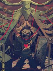 1other arms_up birdcage broken broken_glass broken_mirror cactus cage crt deltarune fake_horns film_grain flower glass headband heart highres holding holding_above_head holding_knife holding_weapon horned_headwear horns knife kris_(deltarune) medium_hair mirror morick one_eye_in_shadow red_eyes red_headband ribs shaded_face skeletal_body string string_of_fate striped_clothes striped_sweater sweater weapon wide-eyed yellow_flower