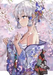 1girl ayaka_(genshin_impact) blue_eyes blue_kimono blush breasts cherry_blossoms chest_sarashi chinese_commentary cleavage closed_mouth commentary floral_print flower genshin_impact hair_flower hair_ornament highres japanese_clothes kimono looking_away medium_breasts mole mole_under_eye petals print_kimono sarashi saya_(mychristian2) short_hair solo white_hair