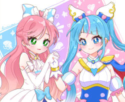 Rule 34 | 2girls, artist name, ascot, blue bow, blue cape, blue dress, blue eyes, blue hair, bow, braid, bright pupils, brooch, cape, center frills, closed mouth, commentary, crown braid, cure prism, cure sky, cut bangs, detached sleeves, dress, dress bow, earclip, earrings, elbow gloves, fingerless gloves, frills, glove bow, gloves, green eyes, hair bow, hair ornament, highres, himawarin5ame0, hirogaru sky! precure, jewelry, long hair, looking at another, magical girl, multicolored hair, multiple girls, nijigaoka mashiro, notice lines, open mouth, pink bow, pink hair, precure, puffy detached sleeves, puffy sleeves, red cape, side braids, signature, single earring, single sidelock, sleeveless, sleeveless dress, smile, sora harewataru, streaked hair, symbol-only commentary, twintails, two-sided cape, two-sided fabric, two-tone dress, two-tone hair, very long hair, white ascot, white bow, white dress, white gloves, white pupils, wing brooch, wing hair ornament
