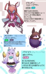 3others ahoge blue_eyes creatures_(company) fakemon game_freak grey_hairband hair_between_eyes hair_over_one_eye hairband highres katwo mejiro_mcqueen_(umamusume) mihono_bourbon_(umamusume) multiple_others nintendo no_humans official_style paku_paku_desuwa pokemon pokemon_(creature) purple_eyes rice_shower_(umamusume) umamusume