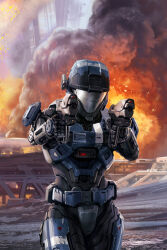 1girl absurdres aiming aiming_at_viewer armor assault_visor catherine-b320 concept_art dual_wielding fire gun halo:_reach halo_(series) handgun helmet highres holding isaac_hannaford m6 official_art photoshop_(medium) power_armor prosthesis prosthetic_arm science_fiction shoulder_armor smoke solo spartan_(halo) weapon
