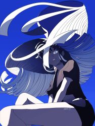 1other blue_background blue_eyes blue_hair floating_hair formal_clothes from_below gem_uniform_(houseki_no_kuni) highres houseki_no_kuni lapis_lazuli_(houseki_no_kuni) light_smile long_hair looking_at_viewer mt5_014 necktie other_focus pale_skin parted_lips puffy_short_sleeves puffy_sleeves short_shorts short_sleeves shorts simple_background sitting solo straight_hair suit very_long_hair