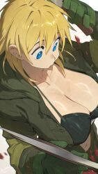 1girl black_bra blonde_hair blue_eyes bra breasts cleavage commission dorohedoro english_text gloves green_gloves green_jacket green_pants hair_between_eyes hata4564 jacket large_breasts navel nikaidou_(dorohedoro) open_clothes open_jacket pants skeb_commission solo sweat underwear