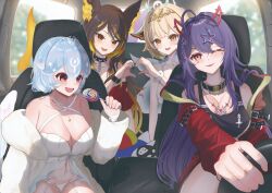 4girls absurdres ahoge akuma_nihmune akuma_nihmune_(casual) animal_ears arm_belt arthropod_girl bao_(vtuber) belt bikini bikini_bottom_only black_belt black_collar black_hair black_nails black_tank_top blonde_hair blue_hair breasts candy car_interior cleavage collar collarbone crop_top driving earrings facial_mark fang fiery_ears food garter_belt hair_ornament heart heart_facial_mark heart_hands heart_hands_duo heart_necklace highres holding holding_candy holding_food holding_lollipop horns indie_virtual_youtuber insect_girl jacket jewelry large_breasts lollipop long_hair mole mole_under_eye moth_antennae moth_girl multiple_girls necklace one-piece_swimsuit one_eye_closed open_clothes open_jacket open_mouth orange_eyes orange_hair pink_eyes purple_hair red_eyes red_horns red_jacket sanagi_yuzu sanagi_yuzu_(lunar_princess) satoti_chang sinder_(vtuber) sinder_(vtuber)_(sinder_2.0) skin_fang smile spiked_collar spikes star_(symbol) star_hair_ornament star_necklace swimsuit tank_top virtual_youtuber white_bikini white_garter_belt white_jacket white_one-piece_swimsuit wolf_ears wolf_girl yellow_eyes