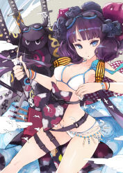 1girl bana_(stand_flower) bare_shoulders bikini bird blue_eyes breasts commentary fate/grand_order fate_(series) flower goggles goggles_on_head hair_flower hair_ornament highres holding holding_sword holding_weapon katsushika_hokusai_(fate) katsushika_hokusai_(swimsuit_saber)_(fate) long_hair navel octopus pelvic_curtain purple_hair small_breasts swim_goggles swimsuit sword twintails water weapon white_bikini white_bird