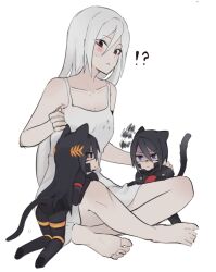 !? 1yym android angry animal_ears ariane_yeong arm_tattoo barcode barcode_tattoo black_hair blue_eyes blush camisole cat_ears cat_girl cat_tail digitigrade elster_(signalis) falke_(signalis) highres laurel_crown long_hair mechanical_arms mechanical_legs mini_person minigirl no_feet red_eyes short_hair signalis tail tattoo white_background white_camisole white_hair