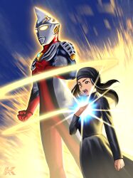 1boy 1girl alien armor artist_logo aura bandana black_bandana black_dress black_hair black_skin blue_background blue_eyeshadow blue_gemstone blue_streaks breastplate brown_eyes clenched_hands color_timer colored_skin commentary diffraction_spikes dorsal_fin dress dual_persona energy_ring eyeshadow feet_out_of_frame fiery_background fire forehead_jewel furrowed_brow gem giant glowing glowing_chest glowing_eyes hand_on_own_chest henshin highres julie_(ultraman_cosmos) kazuzu-art legs_apart logo long_dress long_hair long_sleeves looking_ahead makeup multicolored_hair multicolored_skin open_mouth pectorals red_skin serious shoulder_armor silver_skin standing streaked_hair teeth tokusatsu toned toned_male ultra_series ultraman_cosmos_(series) ultraman_justice ultraman_justice_(standard_mode) yellow_aura yellow_eyes