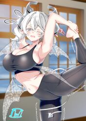 1girl absurdres black_bra black_pants blurry blurry_background blush bra breasts cleavage demon_girl demon_horns demon_wings drill_hair duel_monster earrings grey_eyes grey_hair highres horns indoors jewelry lab_coat large_breasts lovely_labrynth_of_the_silver_castle multiple_wings one_eye_closed pants pointy_ears solo standing standing_on_one_leg stretching tama_amata transparent_wings trembling twin_drills underwear white_wings wings yoga yoga_pants yu-gi-oh!