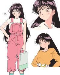 1girl bag belt bishoujo_senshi_sailor_moon hand_on_own_hip hands_on_own_hips highres hino_rei holding holding_bag korean_text long_hair long_sleeves multiple_views orange_shirt overalls pink_overalls polo_tokki shirt short_sleeves translation_request very_long_hair white_belt white_shirt