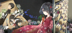1boy 2girls animal_print black_hair braid butterfly butterfly_hair_ornament butterfly_print ema flower gakuran hair_ornament hair_up hairclip hydrangea japanese_clothes katana kimono light_smile long_hair multiple_girls obi original pleated_skirt profile sash school_uniform serafuku short_hair skirt sword tiv weapon