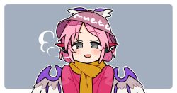 1girl animal_ears bird_ears bird_wings blush border breath brown_hat coat commentary_request earrings grey_background grey_eyes hat ini_(inunabe00) jewelry looking_at_viewer mystia_lorelei open_mouth outline outside_border pink_coat pink_hair scarf short_hair simple_background single_earring smile solo touhou upper_body white_border white_outline winged_hat wings winter_clothes yellow_scarf