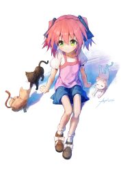 1girl absurdres ap04astral black_cat blue_bow blue_skirt bow brown_shoes cat frilled_socks frills hair_bow highres kobayakawa_yutaka lucky_star orange_cat red_hair shirt shoes skirt smile socks white_background white_bow white_cat white_shirt white_socks