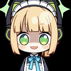 Rule 34 | 1girl, :d, animal ear headphones, animal ears, animated, animated gif, apron, aqua bow, aqua bowtie, black dress, blonde hair, blue archive, blunt bangs, blunt ends, blush stickers, bow, bowtie, cat ear headphones, cat ears, chibi, chunye haruya, collared dress, commission, contrast collar, disembodied hand, dot nose, dress, evil smile, fake animal ears, green eyes, green halo, halo, headphones, holding, holding knife, knife, looking at viewer, lowres, maid, maid apron, maid headdress, midori (blue archive), midori (maid) (blue archive), missing commentary, official alternate costume, official alternate hairstyle, open mouth, ponytail, sanpaku, second-party source, shaded face, short hair, sidelocks, simple background, smile, solo, transparent background, upper body, white apron, white headdress