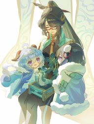 3girls aged_down ahoge bird black_gloves black_hair blue_hair child cloud_retainer_(genshin_impact) colored_inner_hair crane_(animal) earrings fur-trimmed_headwear fur-trimmed_hood fur_trim ganyu_(young)_(genshin_impact) ganyu_(genshin_impact) ganyu_(young)_(genshin_impact) genshin_impact glasses gloves goat_horns green_hair hair_between_eyes highres hood horns jewelry long_hair long_sleeves matohuku1210 multicolored_hair multiple_girls official_alternate_costume purple_eyes red-framed_eyewear shenhe_(genshin_impact) shenhe_(young)_(genshin_impact) tail tassel tassel_earrings toy two-tone_hair very_long_hair winter_clothes xianyun_(genshin_impact)