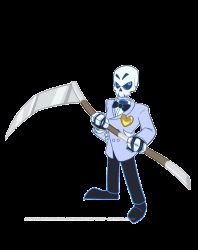 1boy animated animated_gif atomi-cat blazer blue_eyes bouncing bow bowtie formal_clothes full_body grim_fandango heart jacket male_focus manuel_calavera mystery_skulls parody scythe skeleton solo standing style_parody traditional_bowtie transparent_background watermark web_address