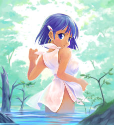 1990s_(style) 1girl blue_eyes blue_hair blush bottomless breasts dark-skinned_female dark_skin earrings female_focus fushigi_no_umi_no_nadia jewelry kubocha looking_at_viewer looking_back matching_hair/eyes nadia_la_arwall nipples no_panties retro_artstyle see-through_clothes short_hair solo wading water